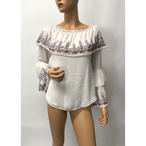 white house black market top size small ruffle sleeves embroidered